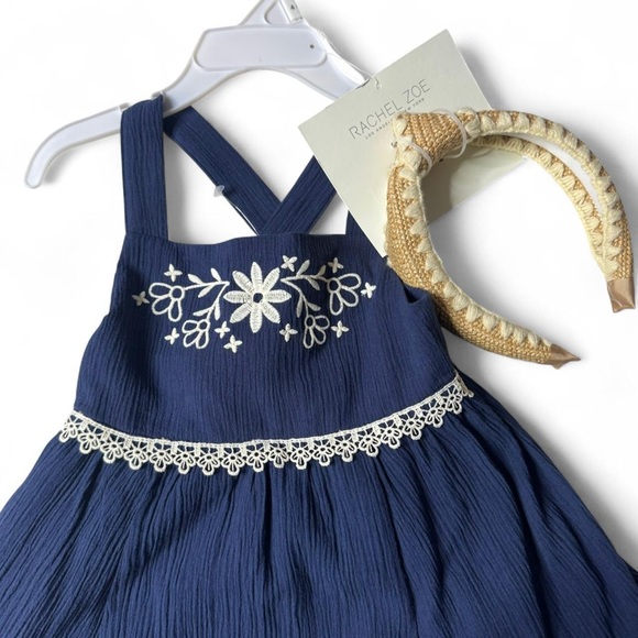 Rachel Zoe Toddler Girl Floral Embroidered Navy Dress + Headband Size 4 NWT - Picture 2 of 9